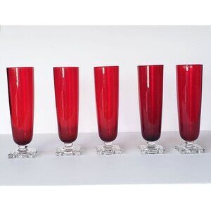Vintage MCM Seneca Slim Jim 903 Ruby Red Footed Pilsner Beverage Glass Vase Set